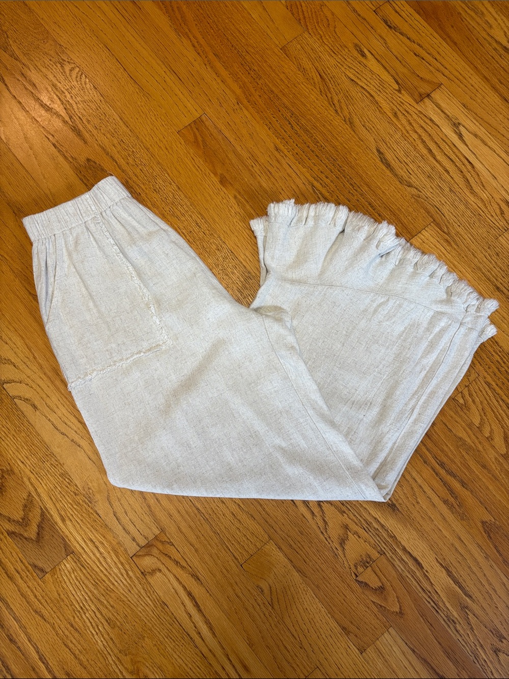 -Umgee USA Wide Leg Cropped Linen Blend Pants Cream Fringe Hem Boho Size Small - Picture 5 of 9